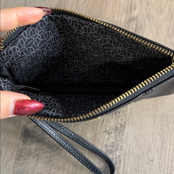 Lodis Black Leather Wristlet Purse Clutch with Gold Detail Hardware - Picture 5 of 6